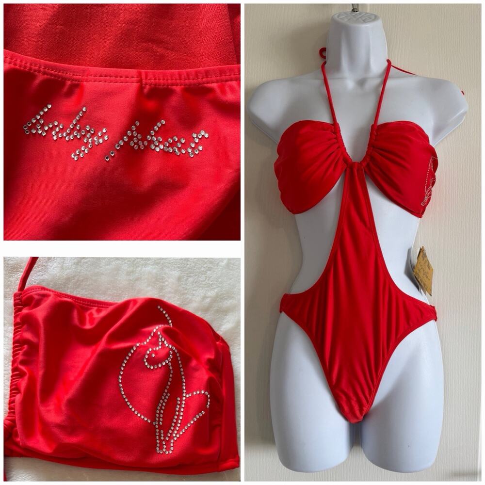 VTG NWT Rare Baby Phat Monokini One Piece Bathing Suit Red Rhinestones Logo Sz L